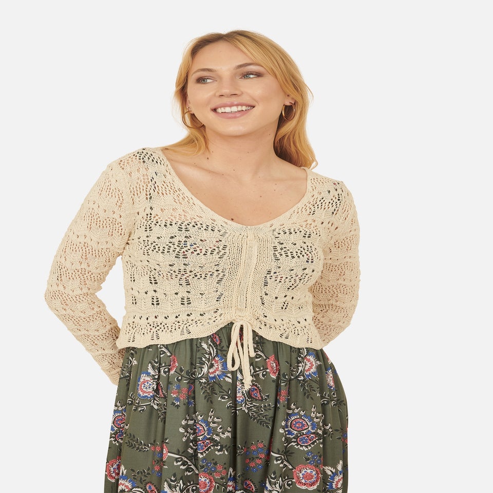 Yumi Beige Crochet Top With Front Ruching