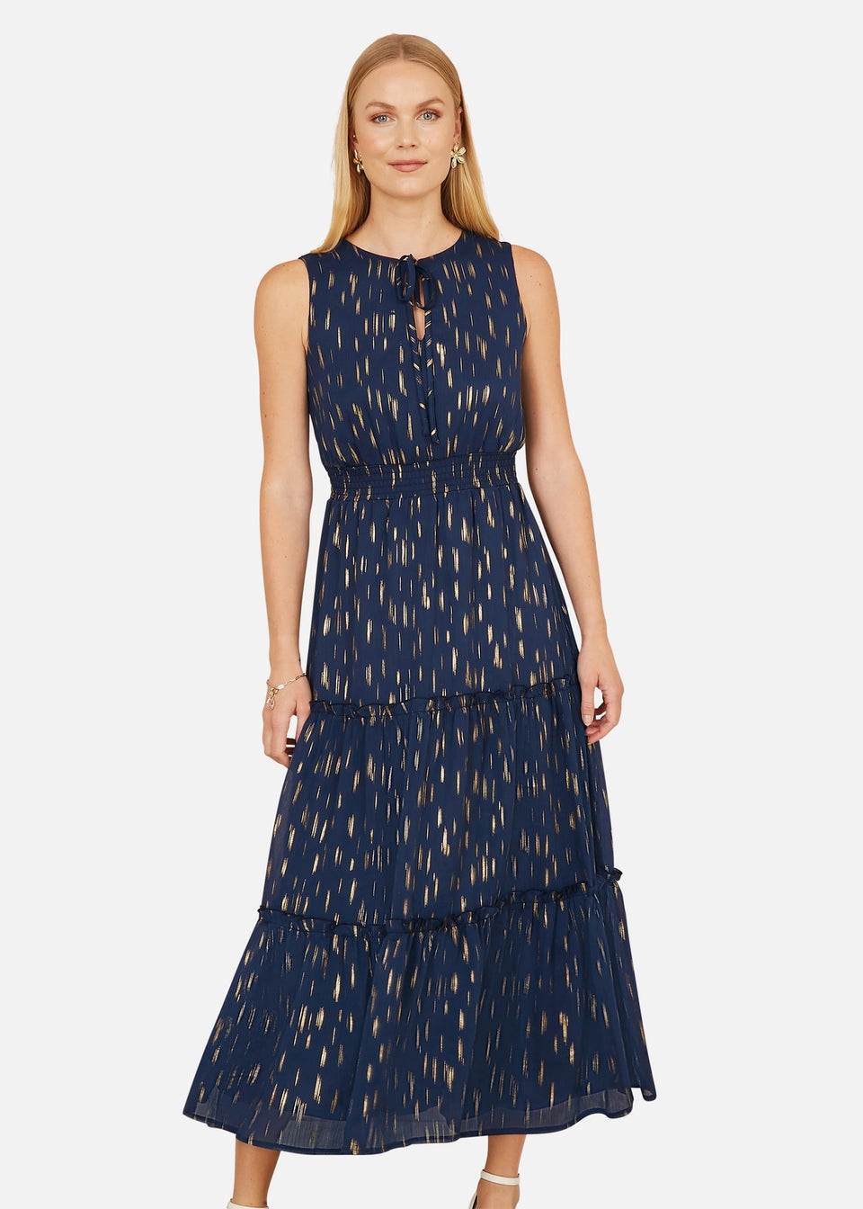 Yumi Navy Foil Print Ruched Waist Midi Dress With Tie Notch Neckline
