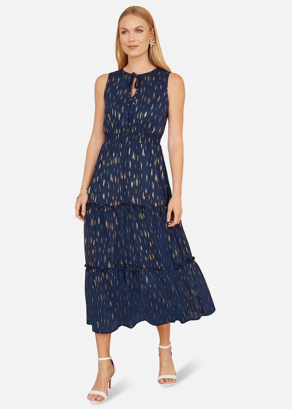 Yumi Navy Foil Print Ruched Waist Midi Dress With Tie Notch Neckline