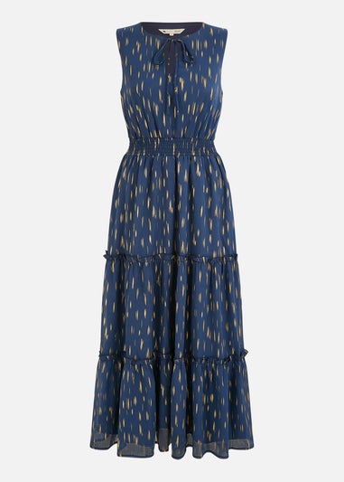 Yumi Navy Foil Print Ruched Waist Midi Dress With Tie Notch Neckline