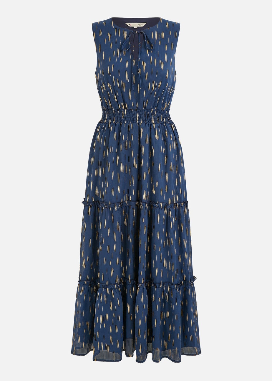 Yumi Navy Foil Print Ruched Waist Midi Dress With Tie Notch Neckline