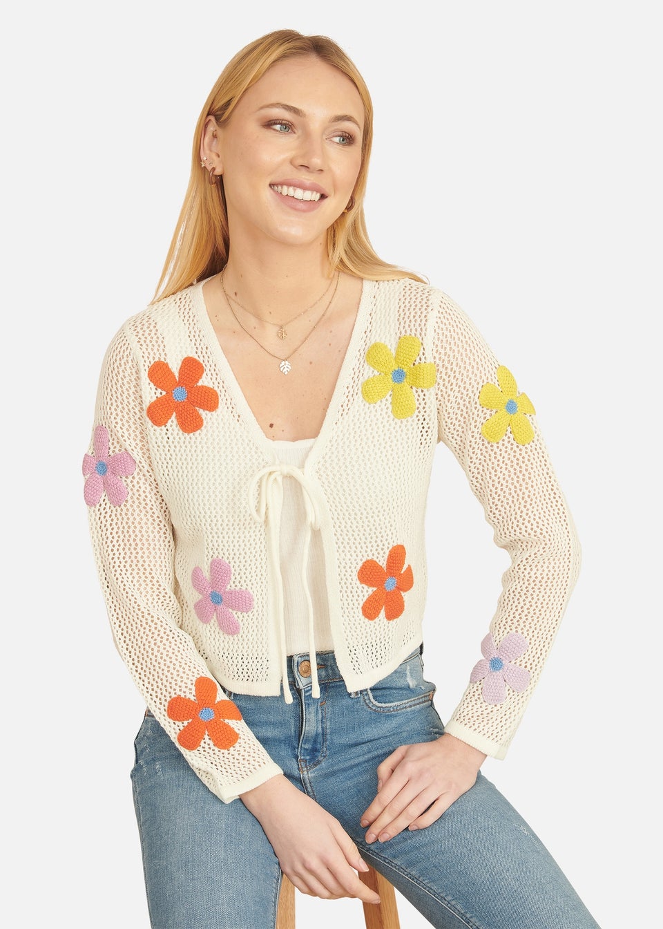 Yumi Ivory Tie Front Cardigan With Flower Design