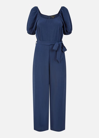 Yumi Navy Square Neck Puff Sleeve Culotte Jumpsuit