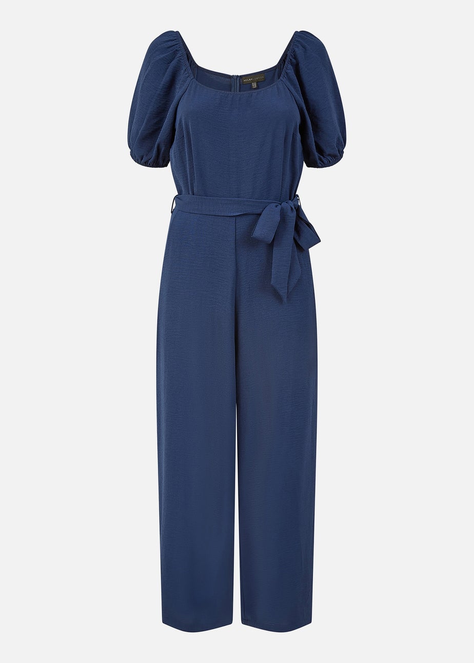 Yumi Navy Square Neck Puff Sleeve Culotte Jumpsuit