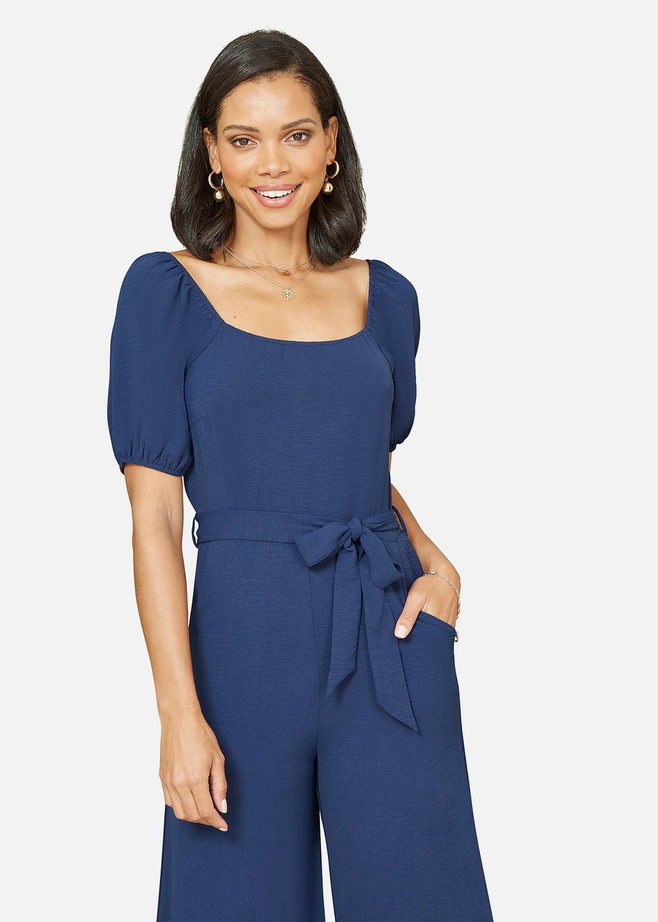 Yumi Navy Square Neck Puff Sleeve Culotte Jumpsuit