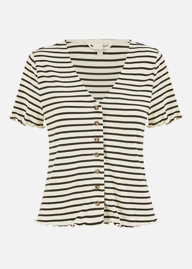 Yumi White Striped Cotton Jersey Lettuce Trim T-Shirt