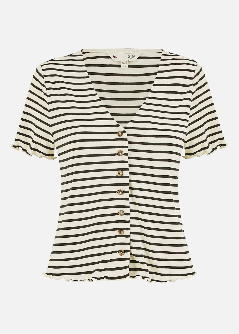 Yumi White Striped Cotton Jersey Lettuce Trim T-Shirt