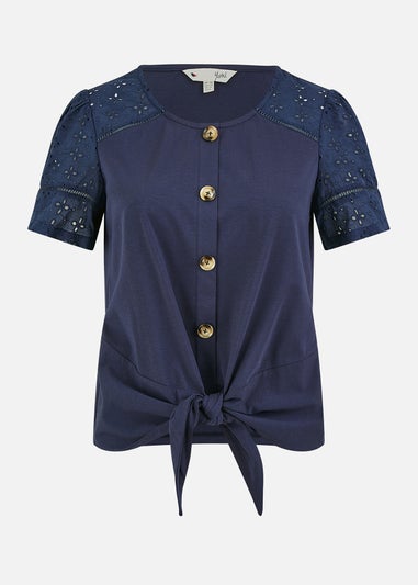 Yumi Navy Jersey Button Detail T-Shirt With Broderie Anglaise Sleeves And Tie Front