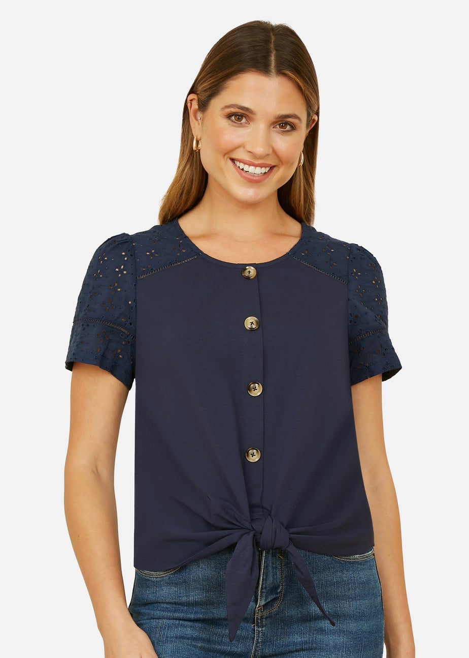 Yumi Navy Jersey Button Detail T-Shirt With Broderie Anglaise Sleeves And Tie Front