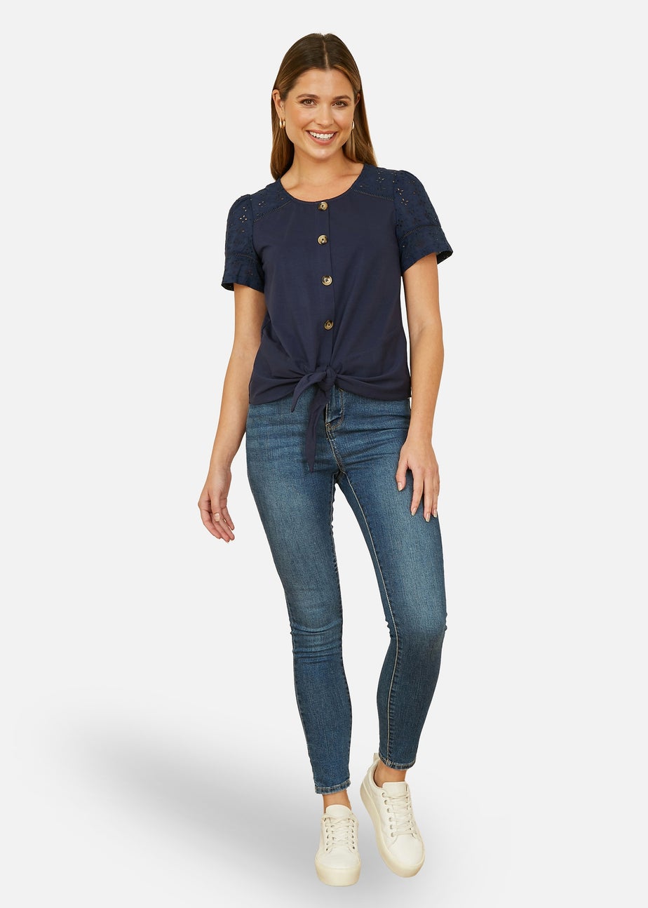 Yumi Navy Jersey Button Detail T-Shirt With Broderie Anglaise Sleeves And Tie Front