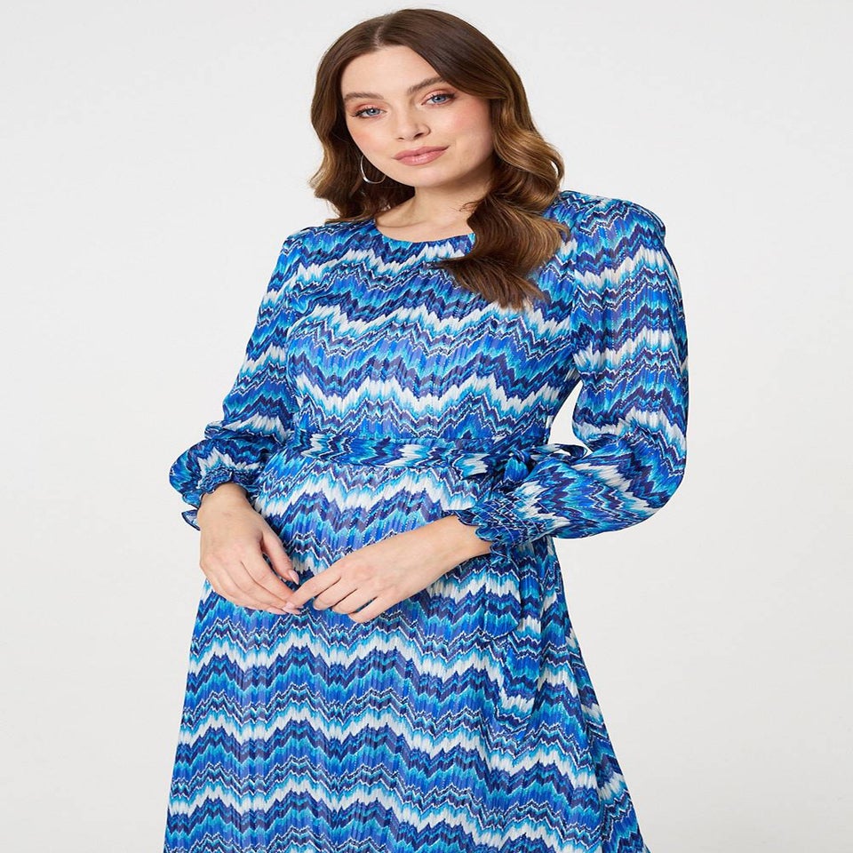 Izabel London Navy Printed Long Sleeve Tie Waist Dress