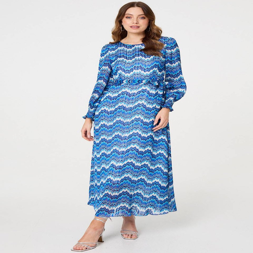 Izabel London Navy Printed Long Sleeve Tie Waist Dress