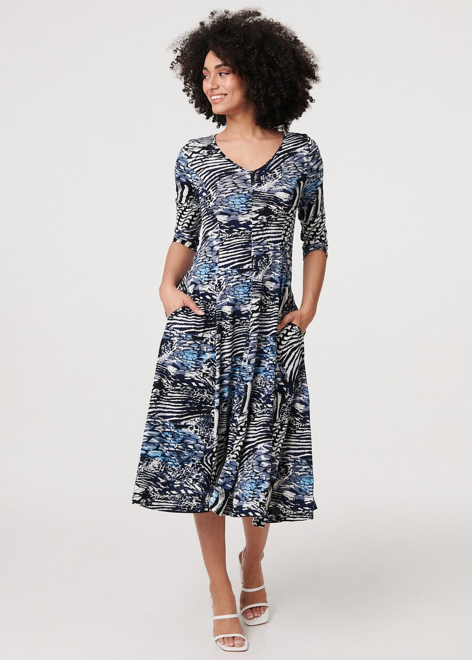Izabel London Blue Abstract V-Neck Midi Dress
