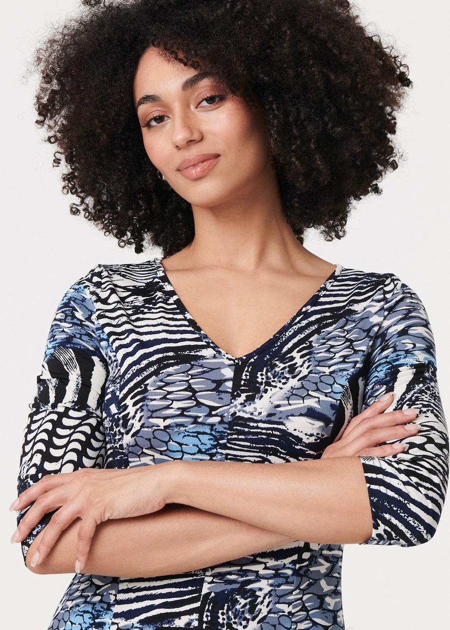 Izabel London Blue Abstract V-Neck Midi Dress