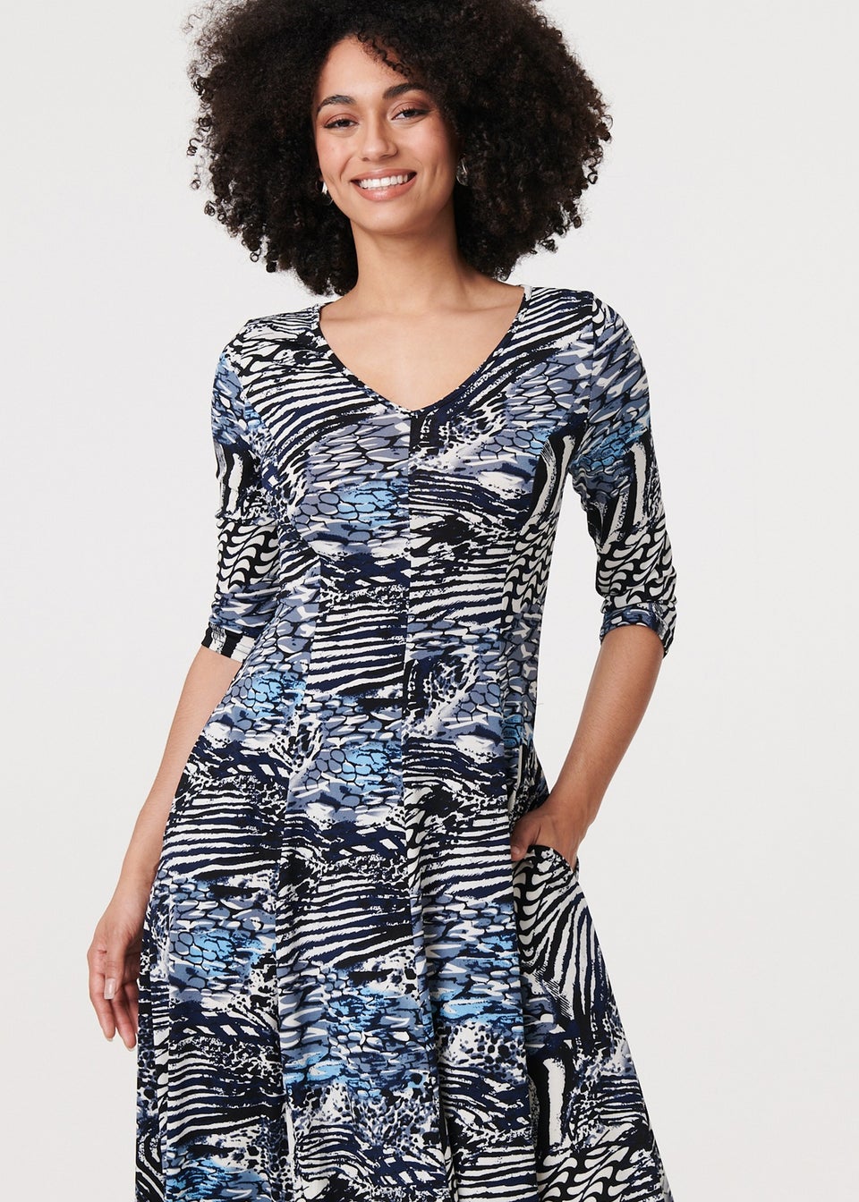 Izabel London Blue Abstract V-Neck Midi Dress