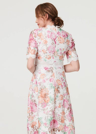 Izabel London Pink Floral Lace Trim Semi Sheer Midi Dress