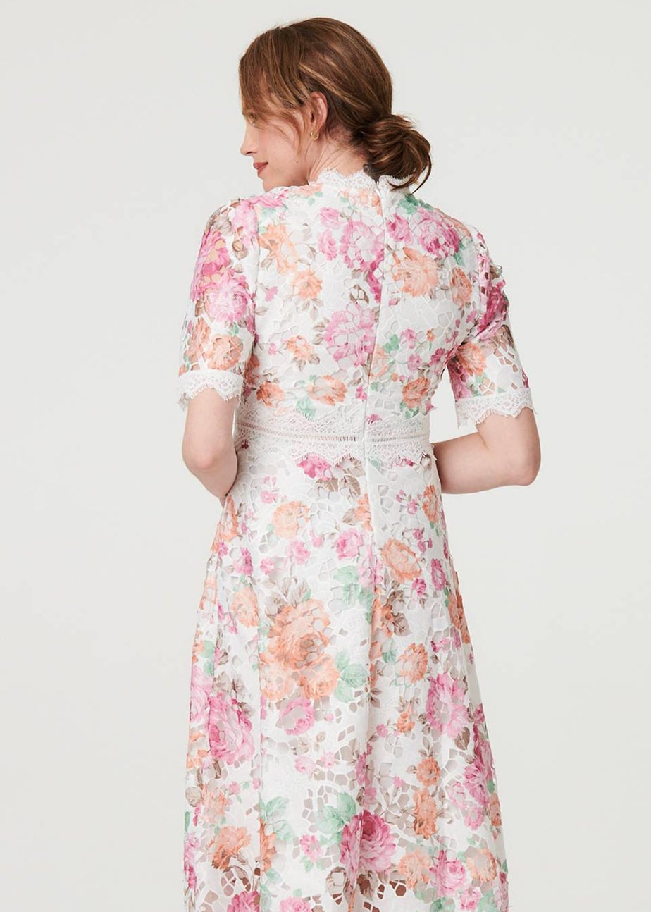 Izabel London Pink Floral Lace Trim Semi Sheer Midi Dress