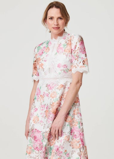 Izabel London Pink Floral Lace Trim Semi Sheer Midi Dress