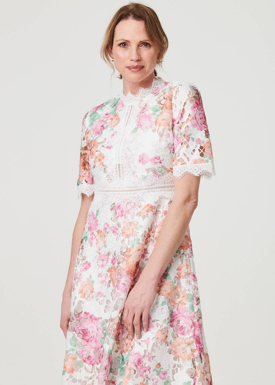 Izabel London Pink Floral Lace Trim Semi Sheer Midi Dress