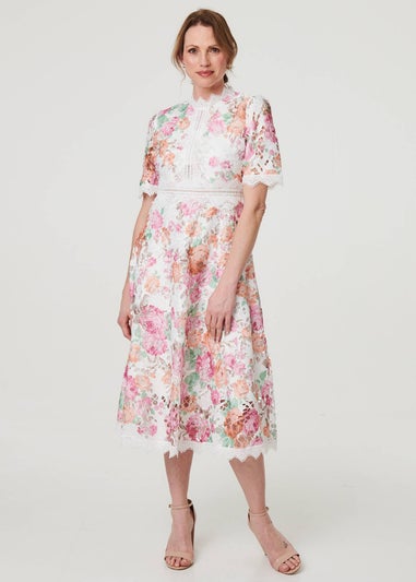 Izabel London Pink Floral Lace Trim Semi Sheer Midi Dress