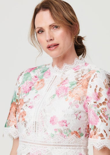 Izabel London Pink Floral Lace Trim Semi Sheer Midi Dress