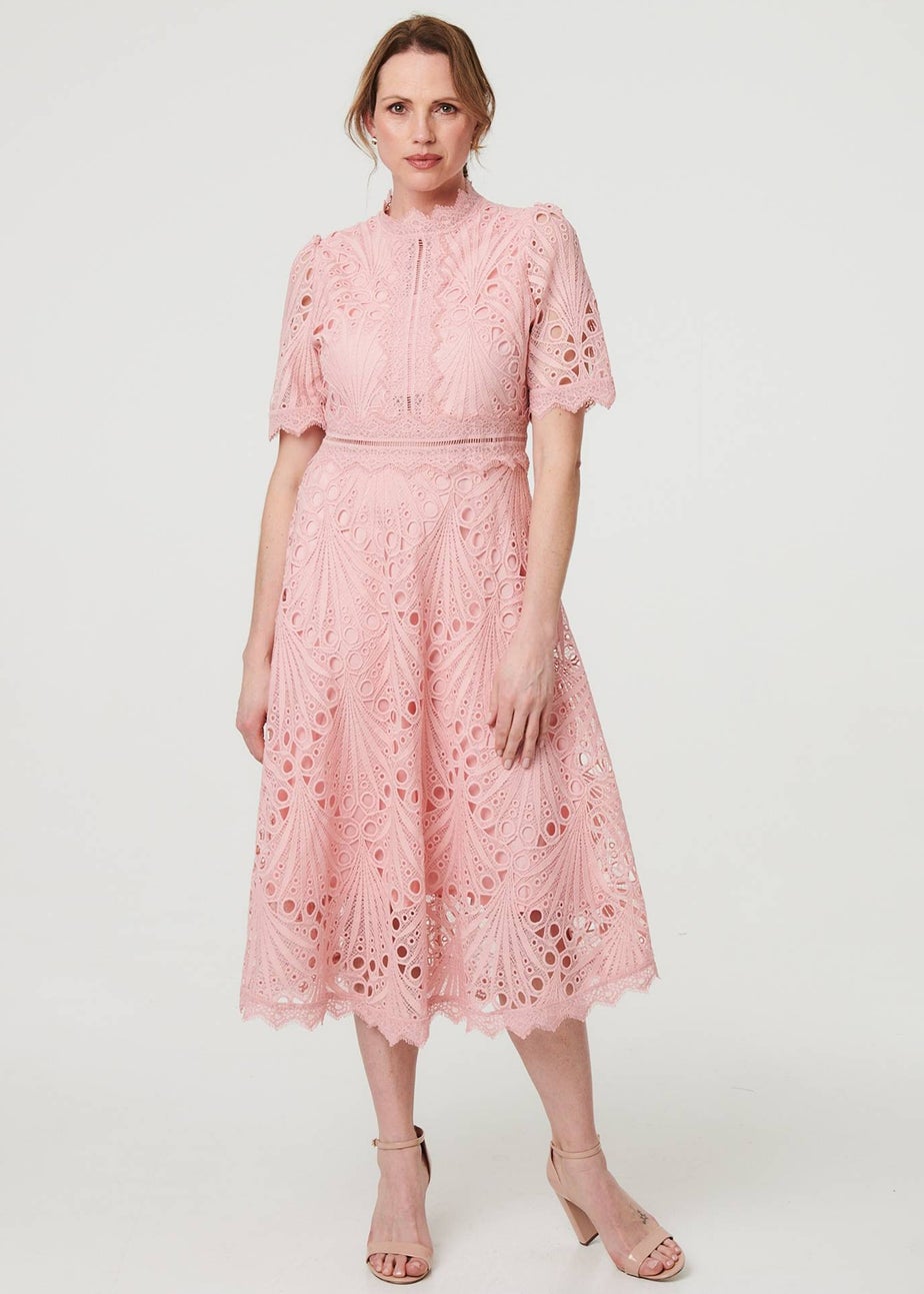 Izabel London Pink Floral Lace Cut Out Frilled Trim Midi Dress
