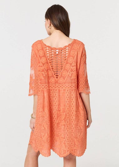 Izabel London Orange Lace Mesh Textured Mini Dress