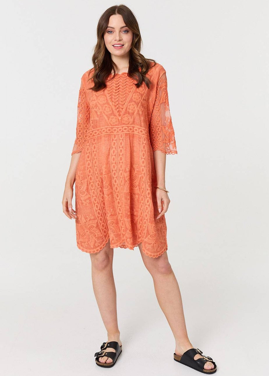 Izabel London Orange Lace Mesh Textured Mini Dress