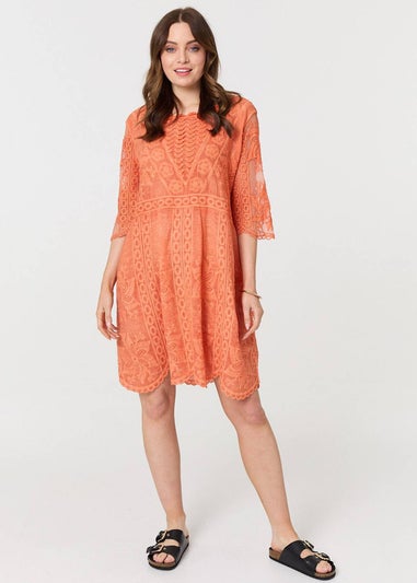 Izabel London Orange Lace Mesh Textured Mini Dress