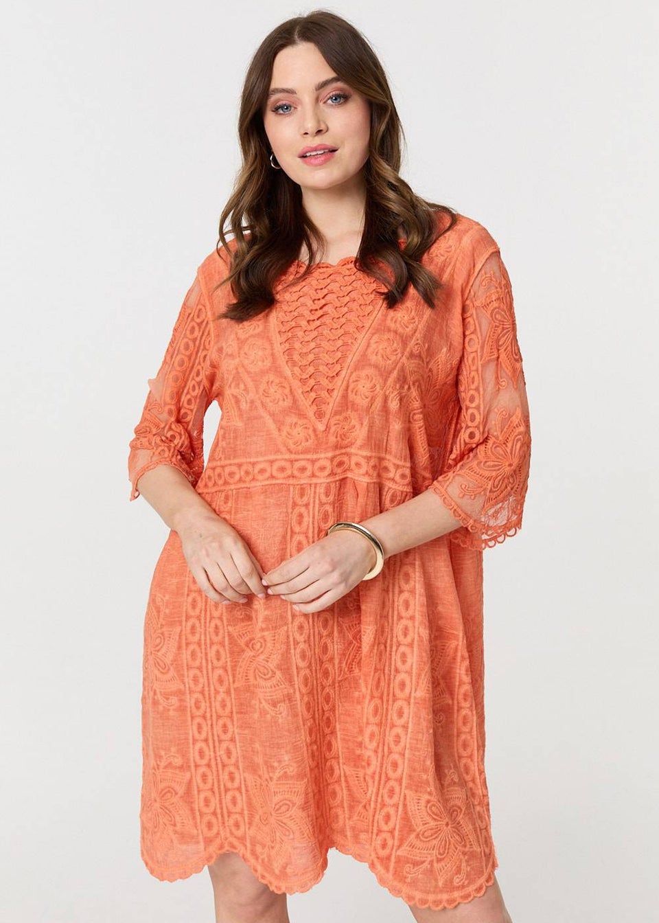 Izabel London Orange Lace Mesh Textured Mini Dress