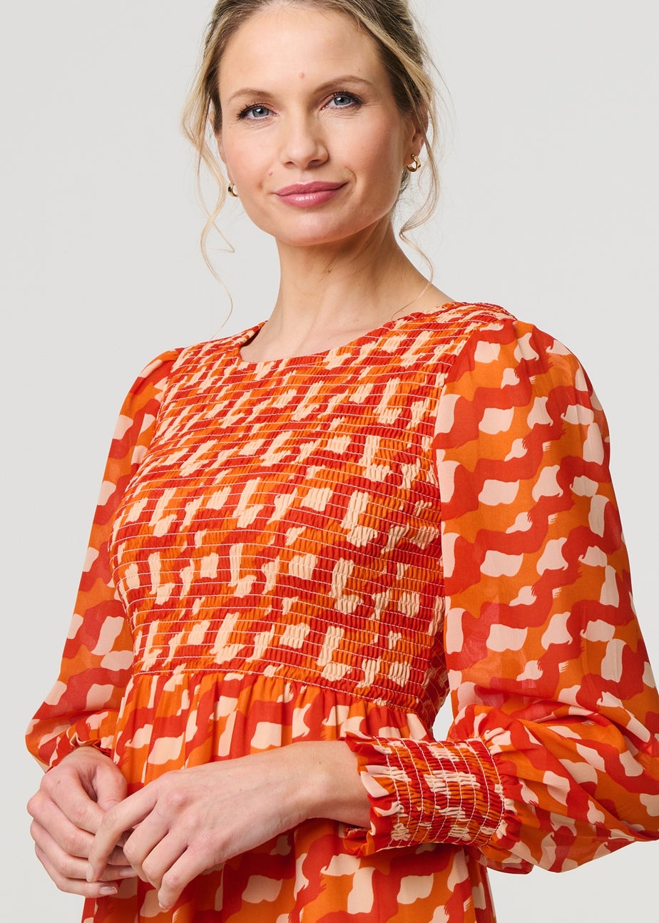 Izabel London Orange Printed Long Puff Sleeve Midi Smock Dress
