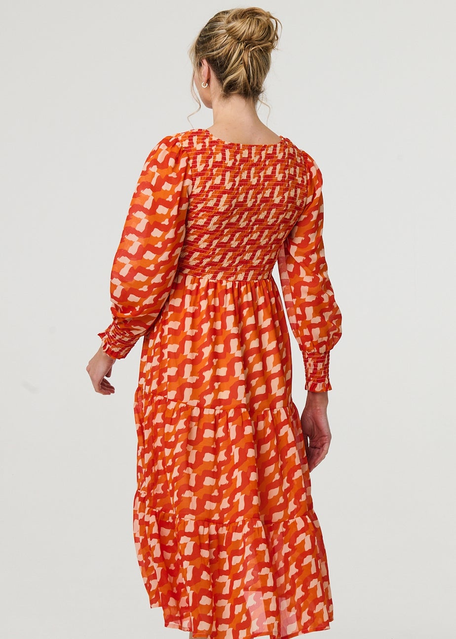 Izabel London Orange Printed Long Puff Sleeve Midi Smock Dress