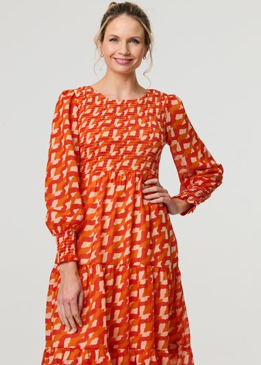 Izabel London Orange Printed Long Puff Sleeve Midi Smock Dress