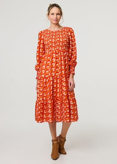 Izabel London Orange Printed Long Puff Sleeve Midi Smock Dress