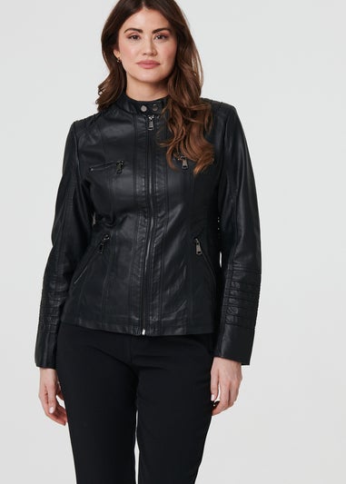 Izabel London Black Faux Leather High Neck Zip Front Jacket