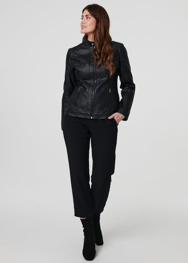 Izabel London Black Faux Leather High Neck Zip Front Jacket