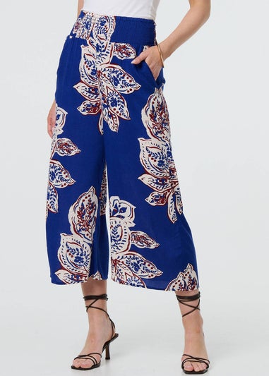 Izabel London Blue Leaf Print High Waist Wide Leg Trousers