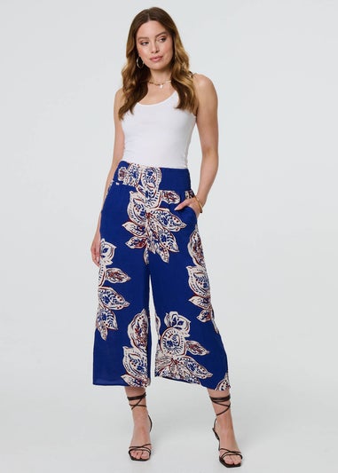 Izabel London Blue Leaf Print High Waist Wide Leg Trousers