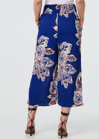 Izabel London Blue Leaf Print High Waist Wide Leg Trousers