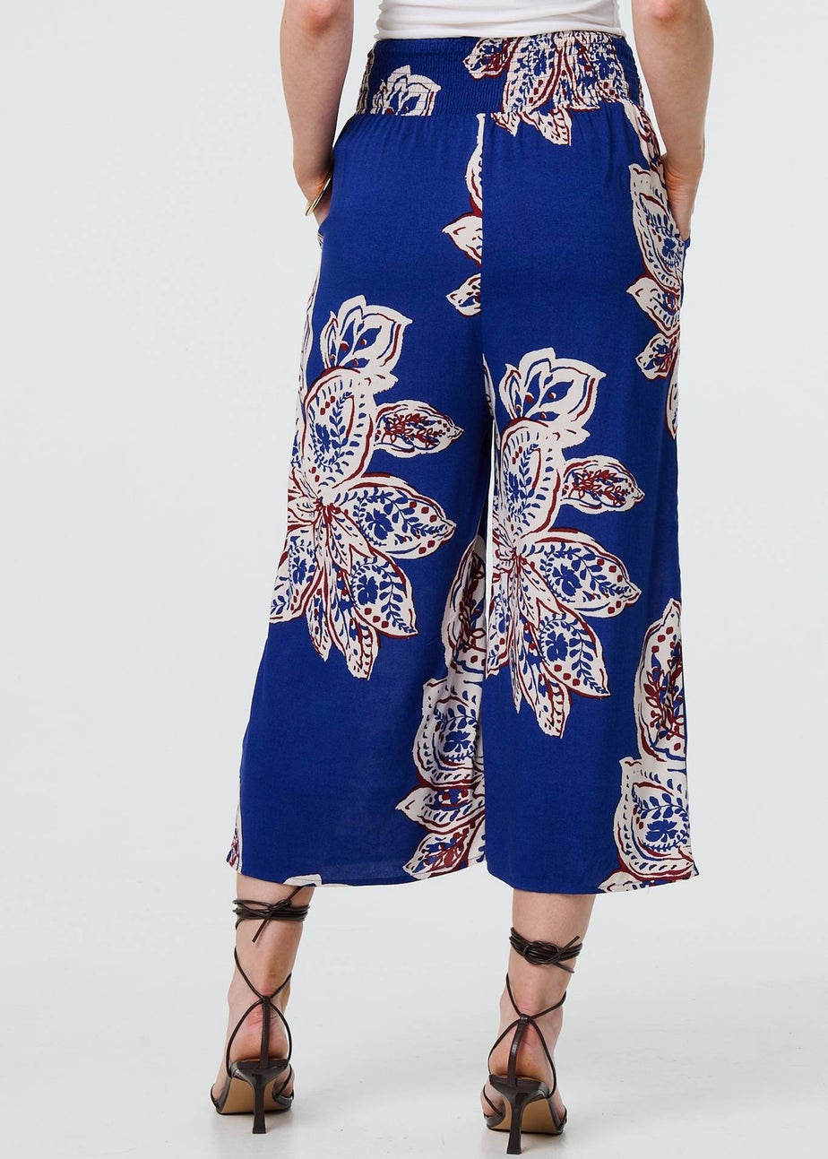 Izabel London Blue Leaf Print High Waist Wide Leg Trousers