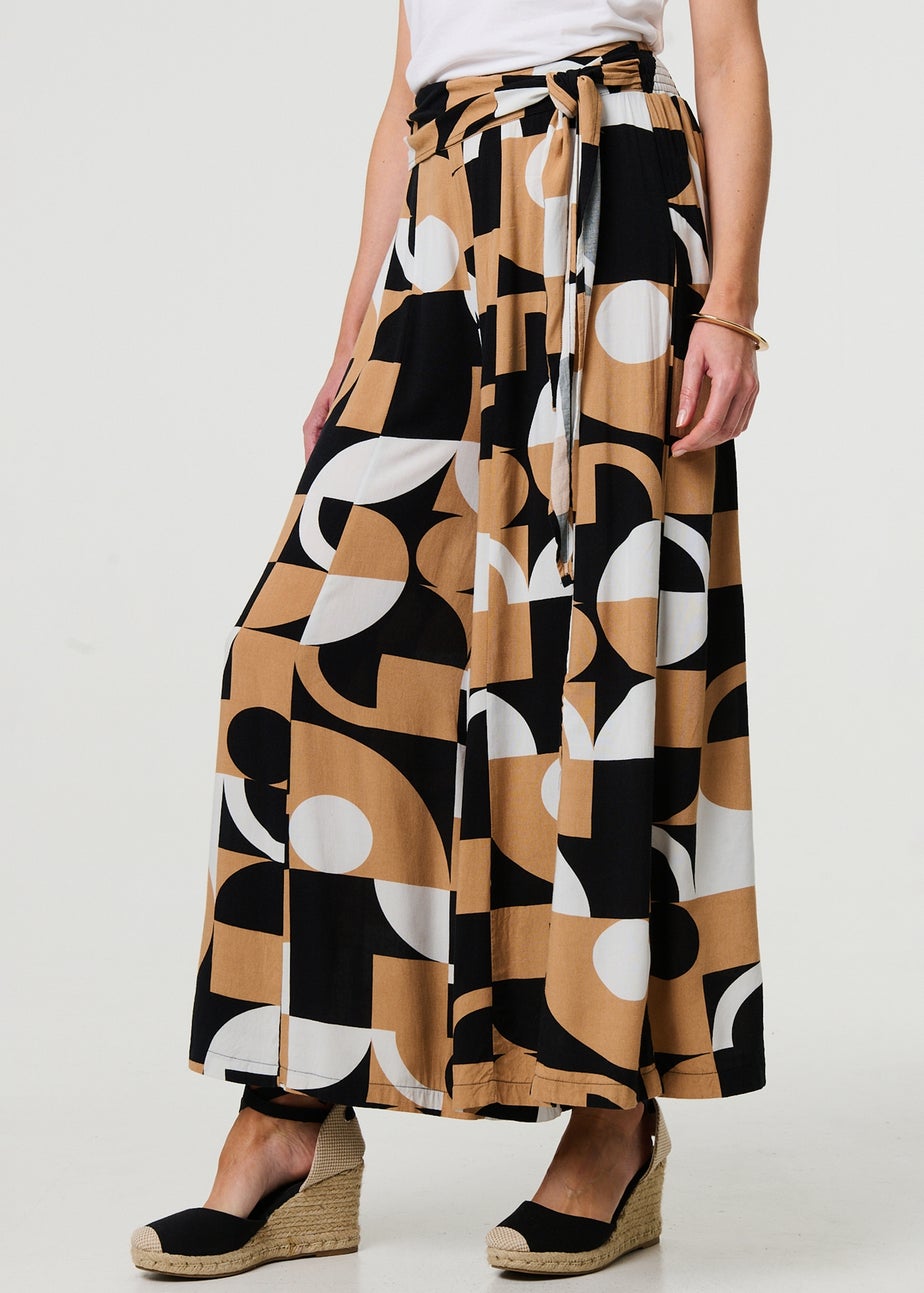 Izabel London Beige Abstract High Waist Wide Leg Trousers