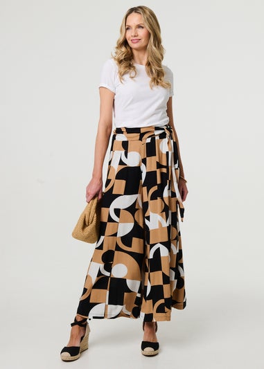 Izabel London Beige Abstract High Waist Wide Leg Trousers