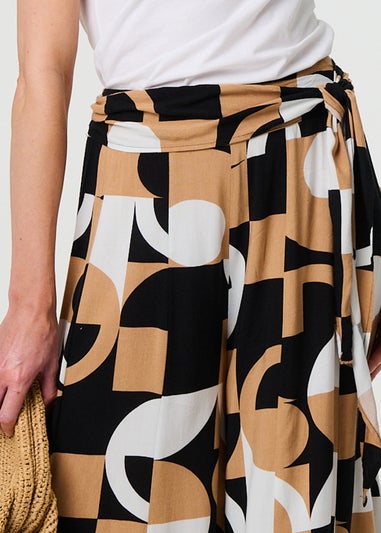 Izabel London Beige Abstract High Waist Wide Leg Trousers