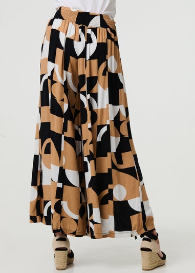 Izabel London Beige Abstract High Waist Wide Leg Trousers