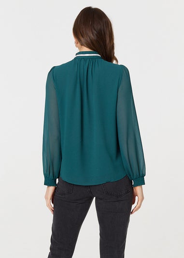 Izabel London Green Sparkle Trim High Neck Semi Sheer Blouse