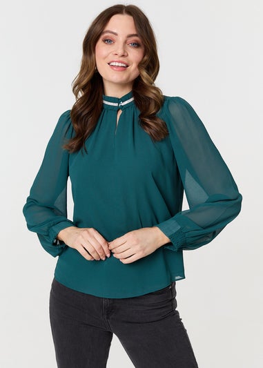 Izabel London Green Sparkle Trim High Neck Semi Sheer Blouse