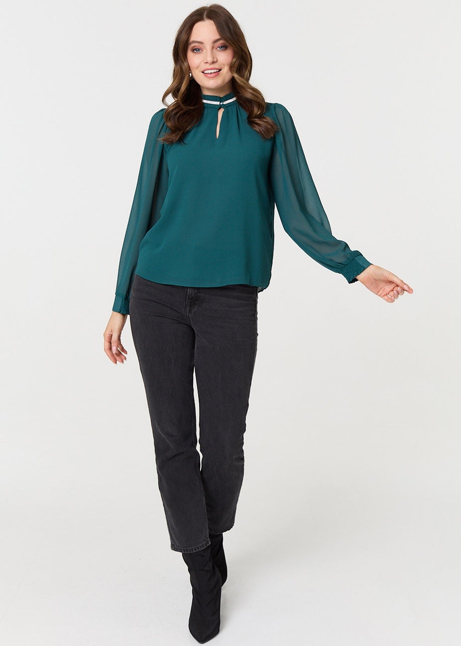 Izabel London Green Sparkle Trim High Neck Semi Sheer Blouse