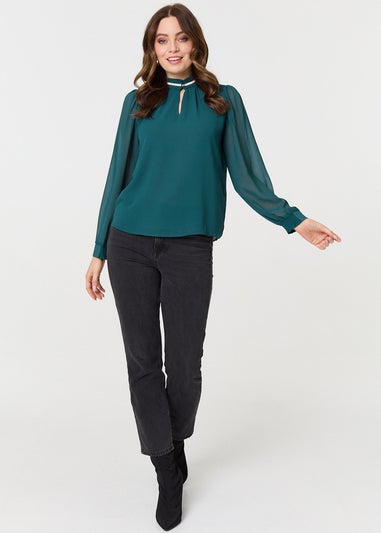 Izabel London Green Sparkle Trim High Neck Semi Sheer Blouse