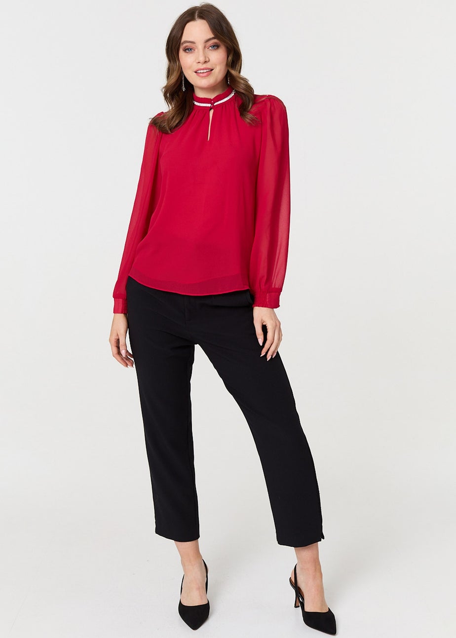 Izabel London Red Sparkle Trim High Neck Semi Sheer Blouse
