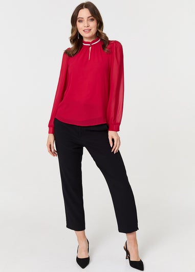Izabel London Red Sparkle Trim High Neck Semi Sheer Blouse